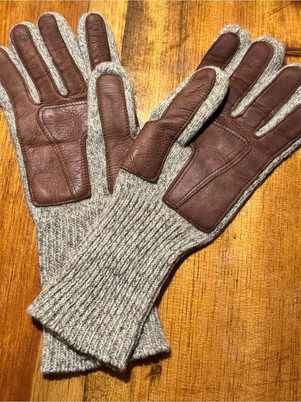 Wool Knit Men’s Large Gloves Beige Brown Faux Leather Palm Vintage 13.5”x4.75”